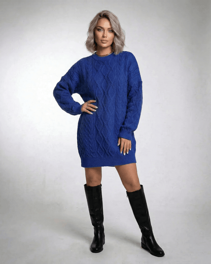 Ilsa Mini Dress in deep blue cable knit, stylish and warm, perfect for casual occasions. Available from RAMBLION.