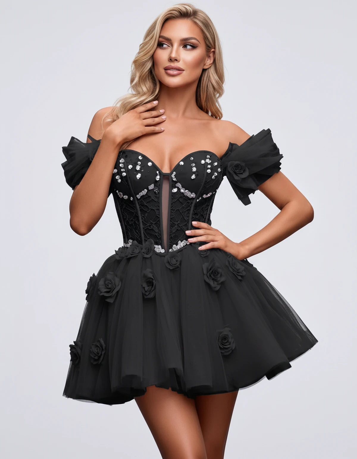 Imogen Mini Dress — Black | SKU: RB-19044a-black-2,RB-19044a-black-4,RB-19044a-black-6,RB-19044a-black-8,RB-19044a-black-10,RB-19044a-black-12,RB-19044a-black-14,RB-19044a-black-14W,RB-19044a-black-16,RB-19044a-black-16W,RB-19044a-black-18W,RB-19044a-black-20W