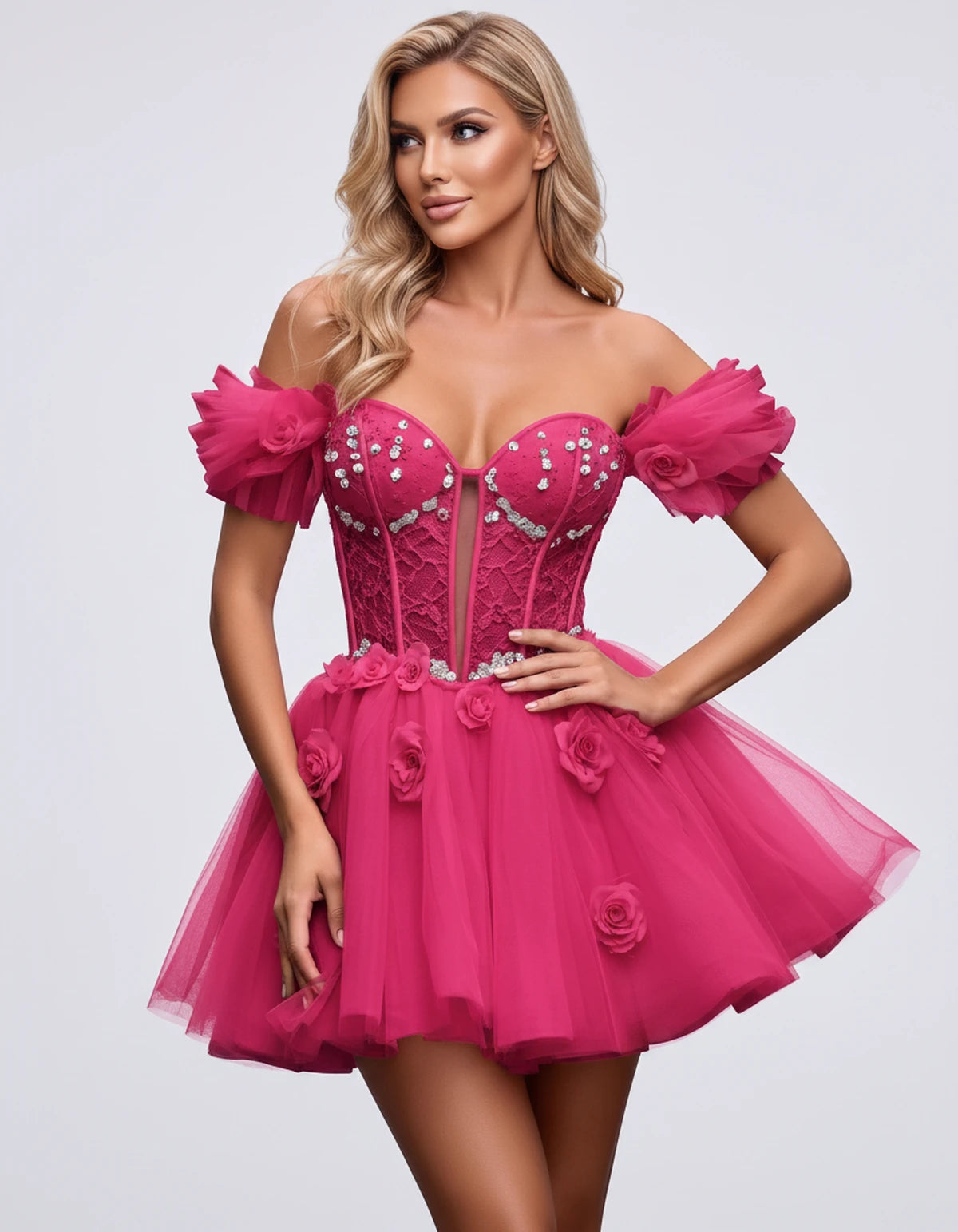 Imogen Mini Dress — Bright Pink | SKU: RB-19044a-bright31-2,RB-19044a-bright31-4,RB-19044a-bright31-6,RB-19044a-bright31-8,RB-19044a-bright31-10,RB-19044a-bright31-12,RB-19044a-bright31-14,RB-19044a-bright31-14W,RB-19044a-bright31-16,RB-19044a-bright31-16W,RB-19044a-bright31-18W,RB-19044a-bright31-20W