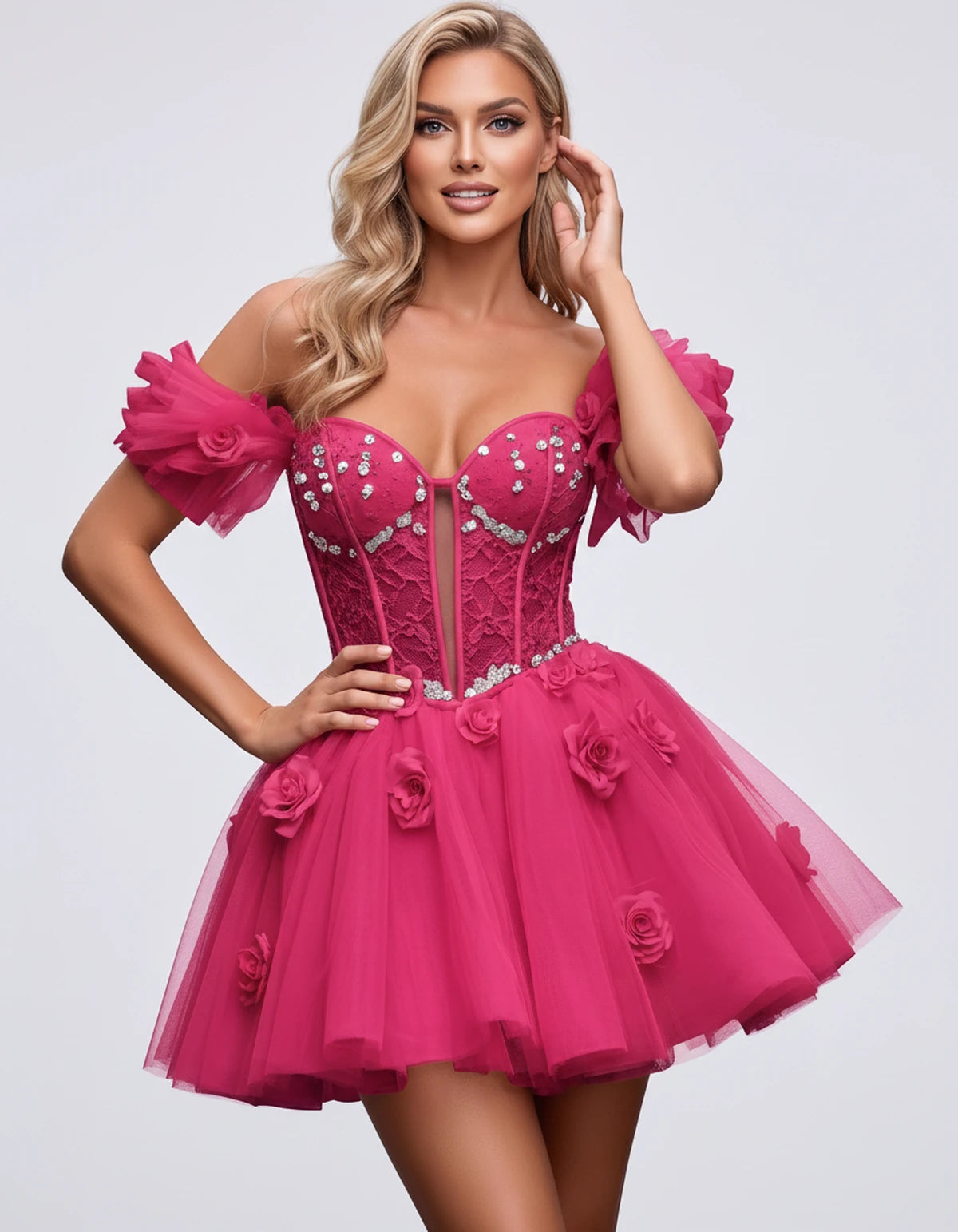 Imogen Mini Dress — Bright Pink | SKU: RB-19044a-bright31-2,RB-19044a-bright31-4,RB-19044a-bright31-6,RB-19044a-bright31-8,RB-19044a-bright31-10,RB-19044a-bright31-12,RB-19044a-bright31-14,RB-19044a-bright31-14W,RB-19044a-bright31-16,RB-19044a-bright31-16W,RB-19044a-bright31-18W,RB-19044a-bright31-20W