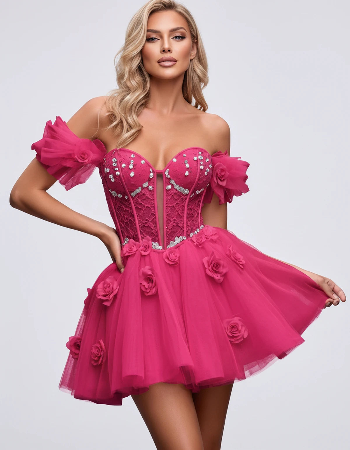 Imogen Mini Dress — Bright Pink | SKU: RB-19044a-bright31-2,RB-19044a-bright31-4,RB-19044a-bright31-6,RB-19044a-bright31-8,RB-19044a-bright31-10,RB-19044a-bright31-12,RB-19044a-bright31-14,RB-19044a-bright31-14W,RB-19044a-bright31-16,RB-19044a-bright31-16W,RB-19044a-bright31-18W,RB-19044a-bright31-20W