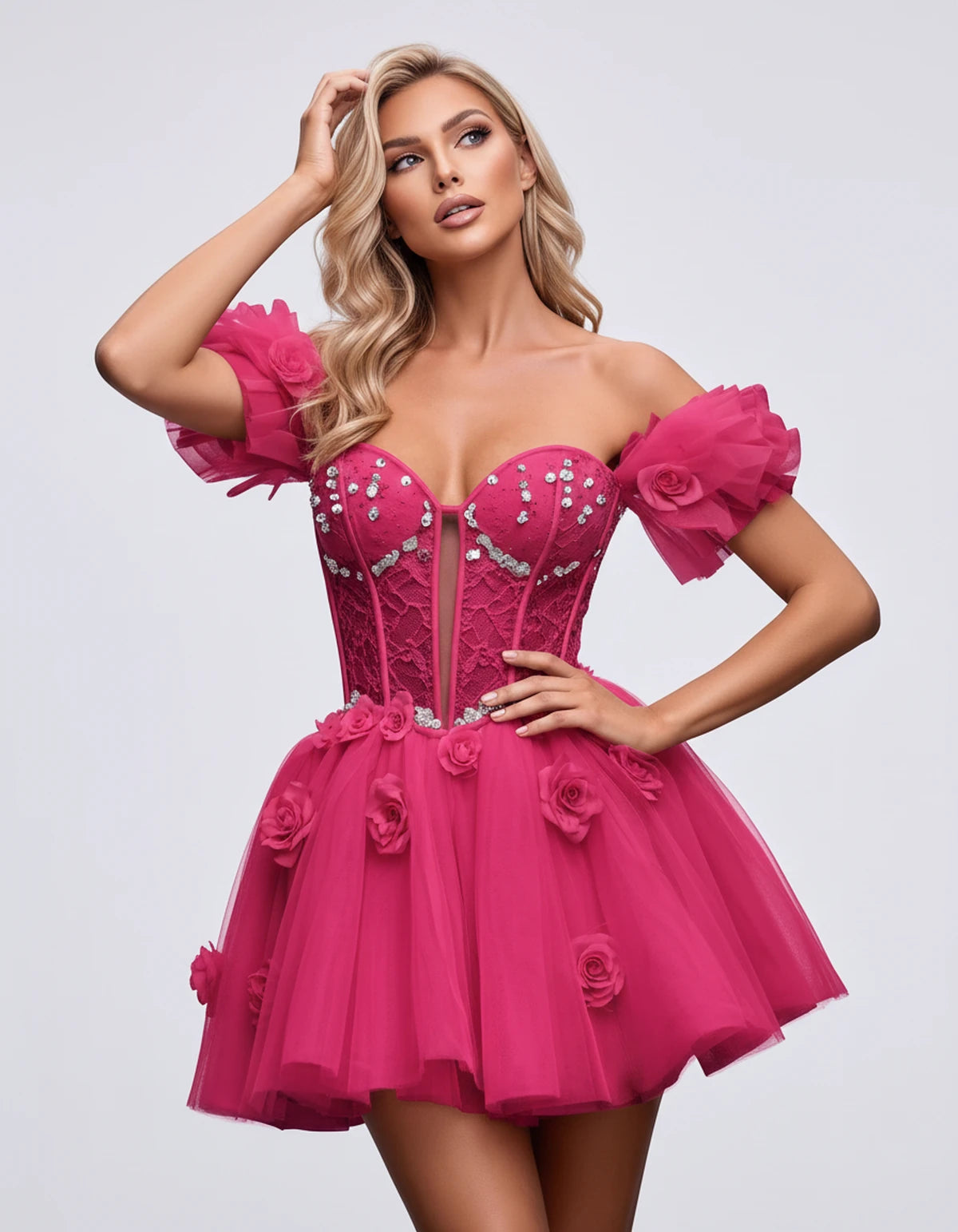 Imogen Mini Dress — Bright Pink | SKU: RB-19044a-bright31-2,RB-19044a-bright31-4,RB-19044a-bright31-6,RB-19044a-bright31-8,RB-19044a-bright31-10,RB-19044a-bright31-12,RB-19044a-bright31-14,RB-19044a-bright31-14W,RB-19044a-bright31-16,RB-19044a-bright31-16W,RB-19044a-bright31-18W,RB-19044a-bright31-20W