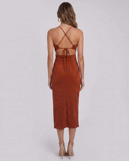 Ramblion Ina midi dress — crew neck neckline · side detail · styled for cocktail season