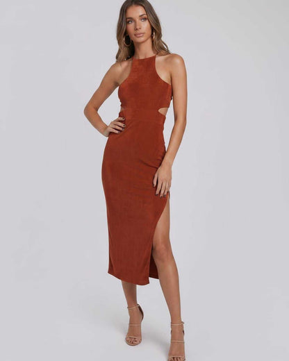 Ramblion Ina midi dress — crew neck neckline · back view · styled for cocktail season