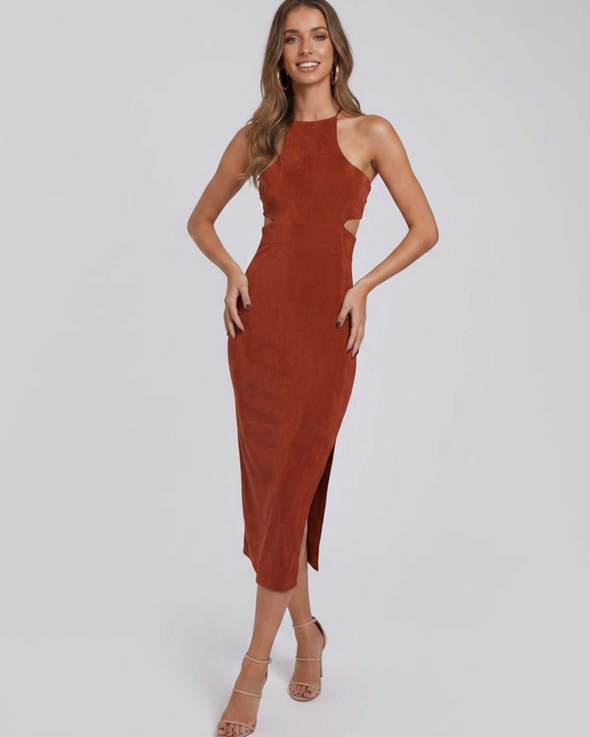 Ramblion Ina midi dress — crew neck neckline · lifestyle styling · styled for cocktail season