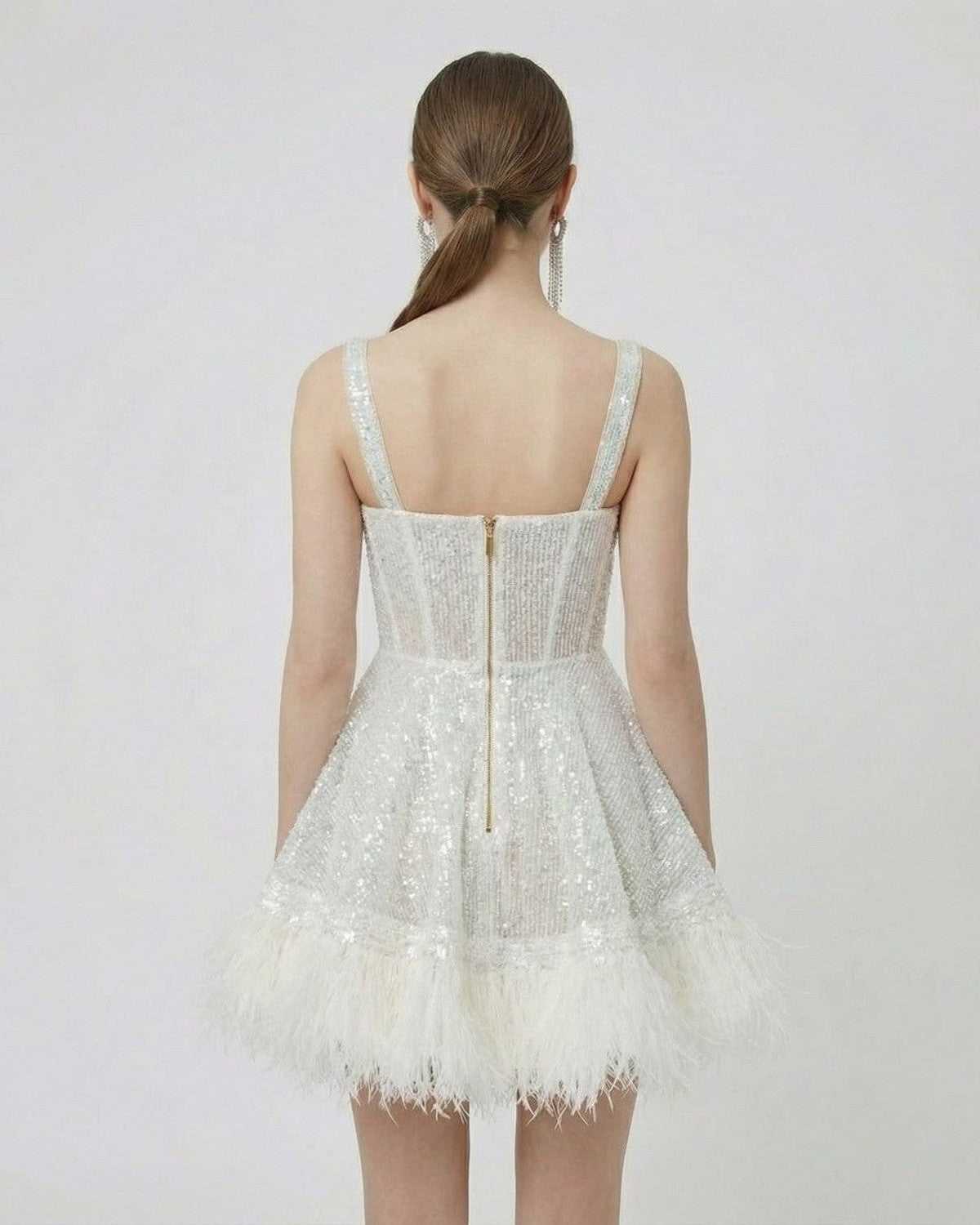 Inca Mini Dress showcasing a sequin overlay and faux-fur hem, perfect for special occasions by RAMBLION.
