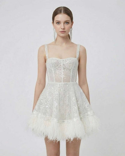 Inca Mini Dress by RAMBLION, features sequin overlay, faux-fur hem, perfect for elegant occasions.
