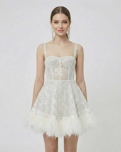 Inca Mini Dress by RAMBLION, featuring sequin overlay, faux-fur hem, perfect for glamorous occasions.