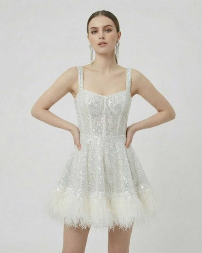 Inca Mini Dress by RAMBLION, white with sequin overlay, faux-fur hem, stylish for parties, modern aesthetic.