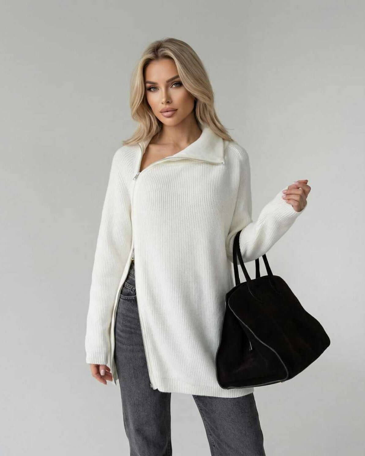Indie Sweater by RAMBLION, white turtleneck, relaxed fit, ribbed texture, perfect for chilly occasions.