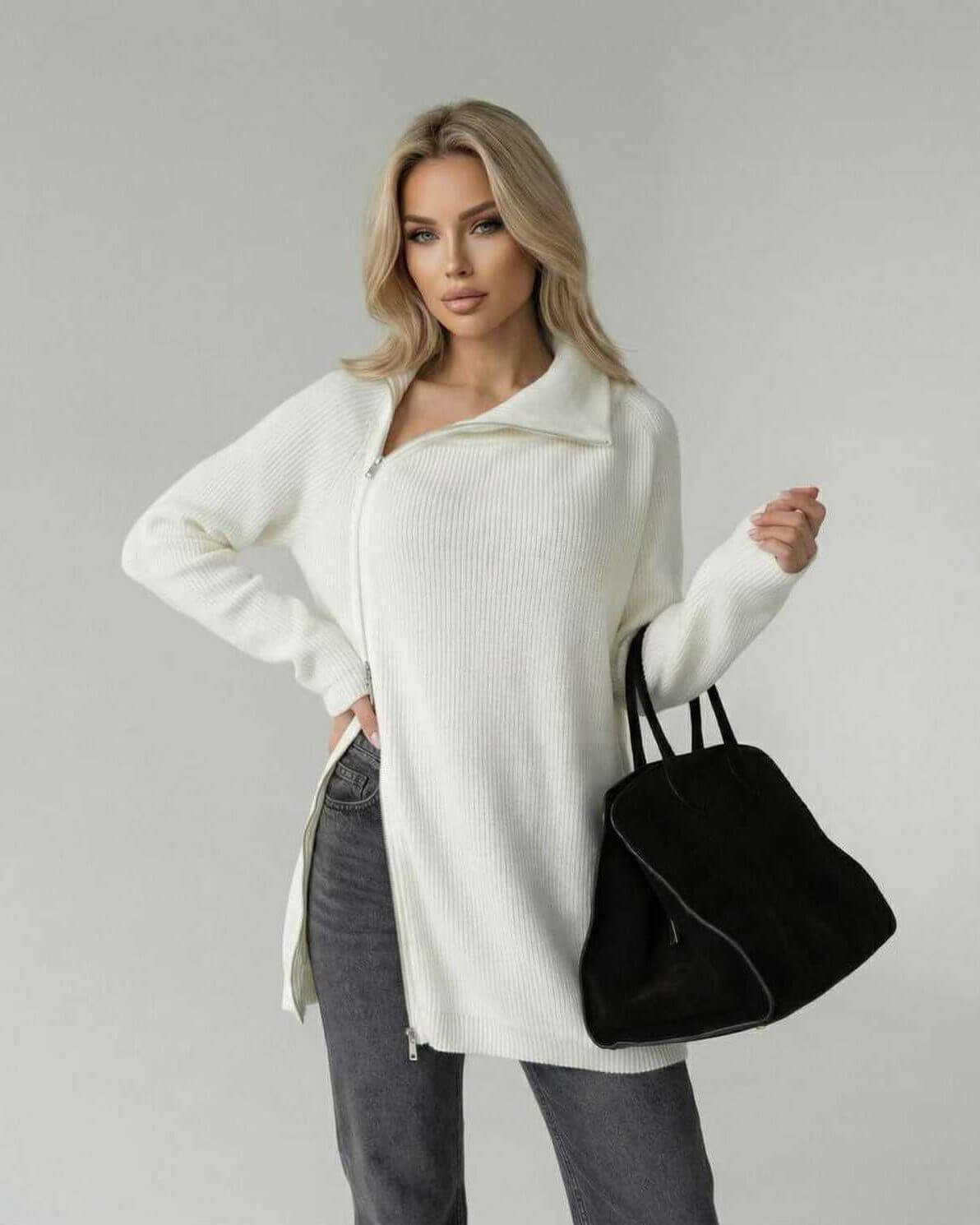 Indie Sweater by RAMBLION, white ribbed knit, relaxed fit, modern elegance, perfect for chilly days.