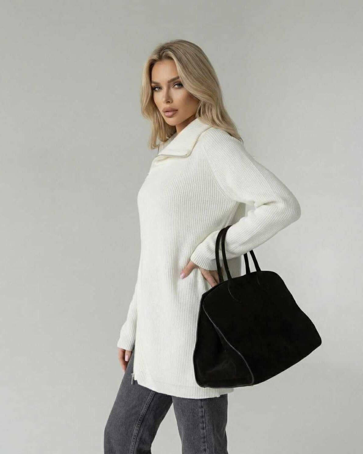 Indie Sweater by RAMBLION, white ribbed knit turtleneck for modern elegance, perfect for chilly days with a relaxed fit.