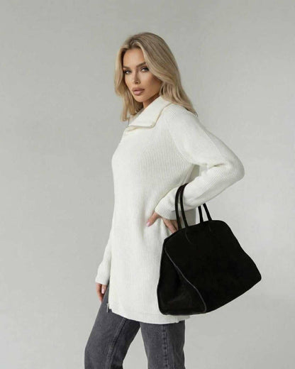 Indie Sweater by RAMBLION, white ribbed knit turtleneck for modern elegance, perfect for chilly days with a relaxed fit.
