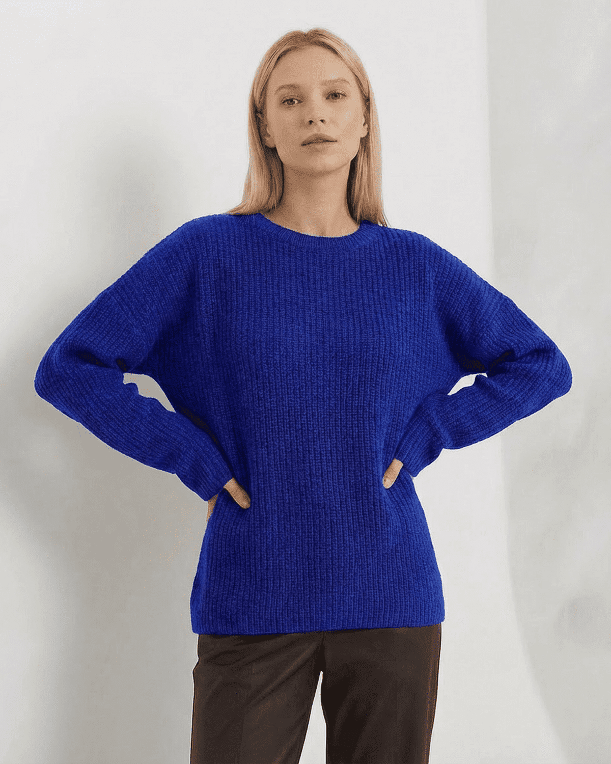 Indira Sweater in vivid blue, loose fit thick ribbed knitwear with round neck by RAMBLION.