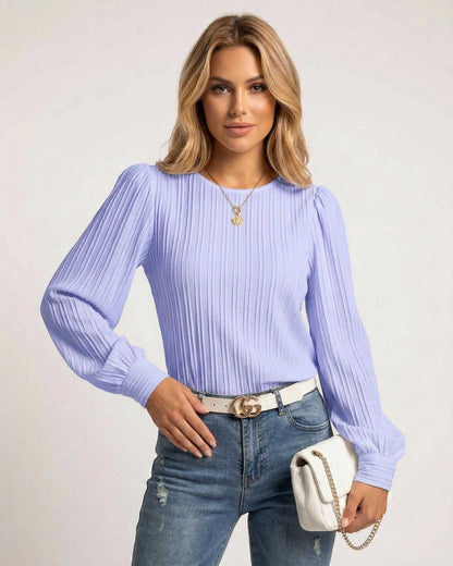 Indra Blouse by RAMBLION, purple pleated top, stylish and chic, perfect for casual outings.