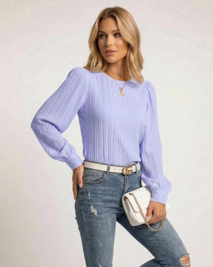 Indra Blouse in light purple, featuring pleats, long bishop sleeves, perfect for chic occasions, by RAMBLION.