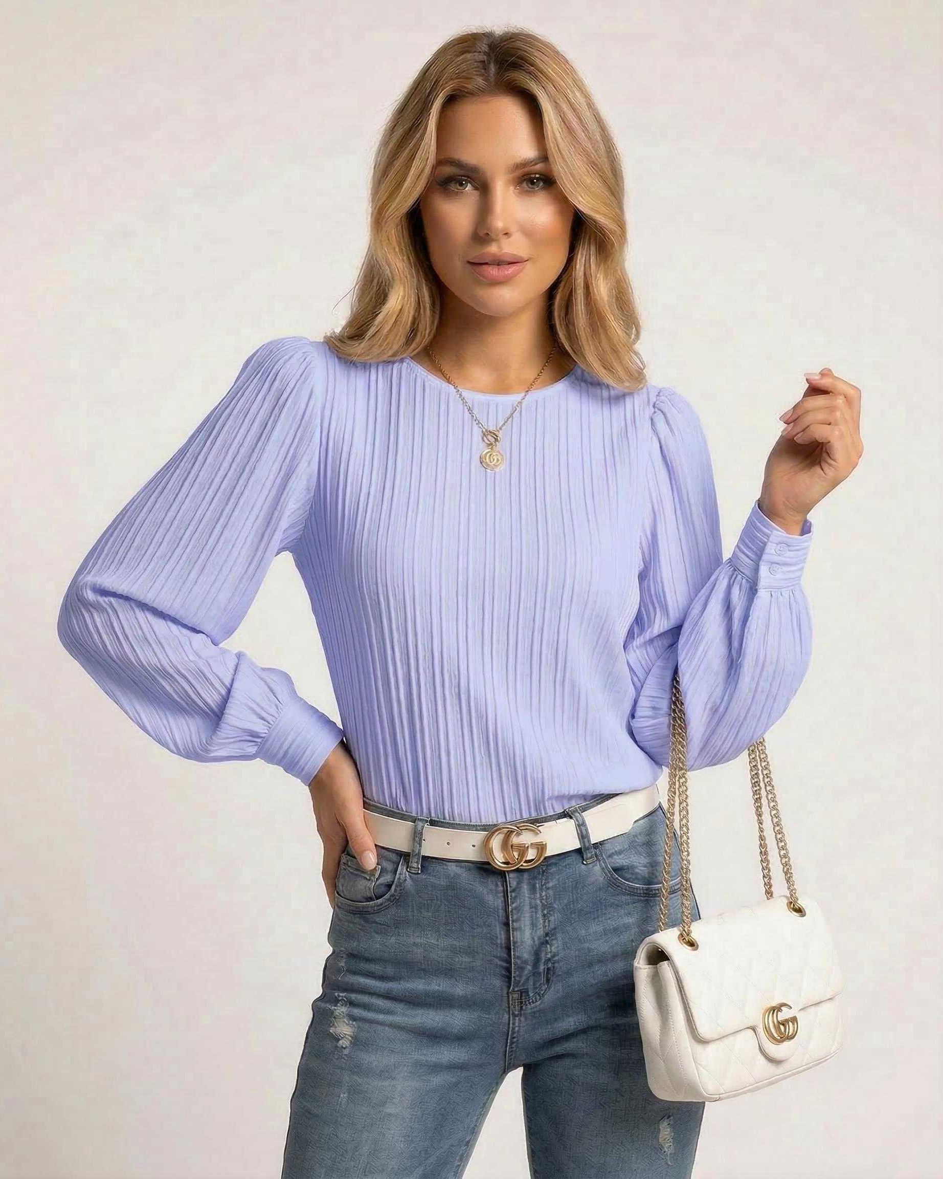 Indra Blouse in light purple with pleated design, perfect for chic occasions. From RAMBLION, combining elegance and comfort.