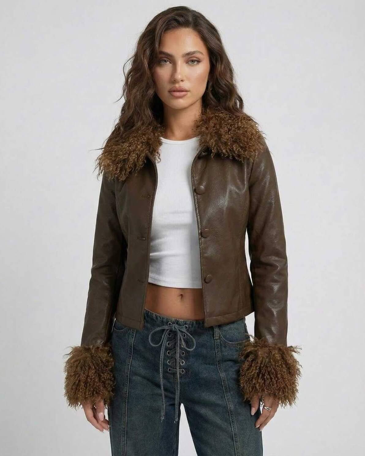Ines Jacket by RAMBLION, brown faux leather with soft faux fur collar, chic outerwear for stylish cold weather.