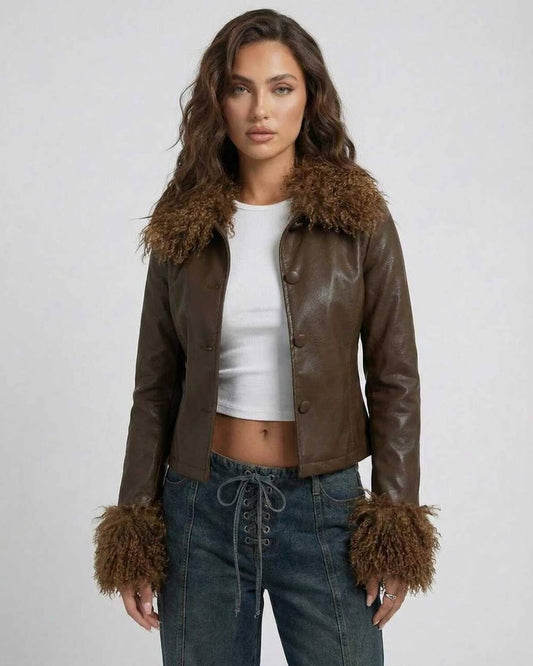 Ines Jacket by RAMBLION, brown faux leather with soft faux fur collar, chic outerwear for stylish cold weather.
