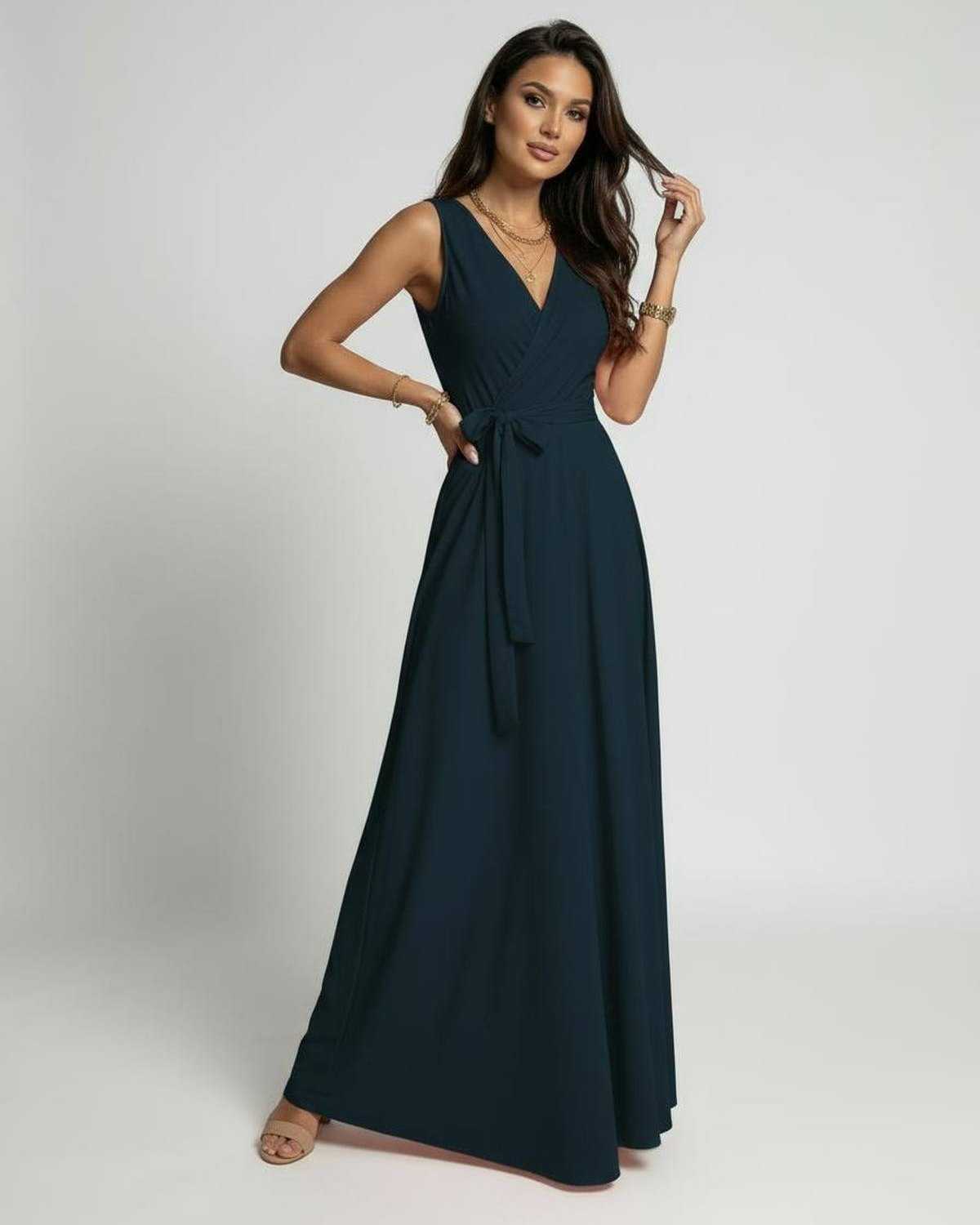 Inna Maxi Dress, navy ankle-length, V-neck, elegant feel, perfect for events, by RAMBLION.