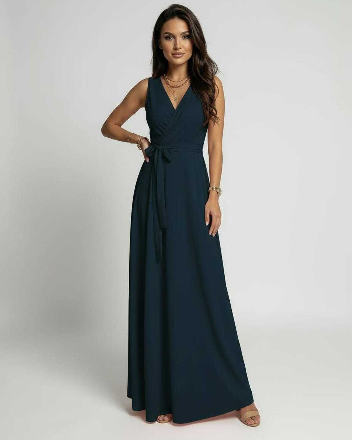 Inna Maxi Dress in navy, V-neck design, ankle-length, soft satin polyester, perfect for elegant occasions - RAMBLION.