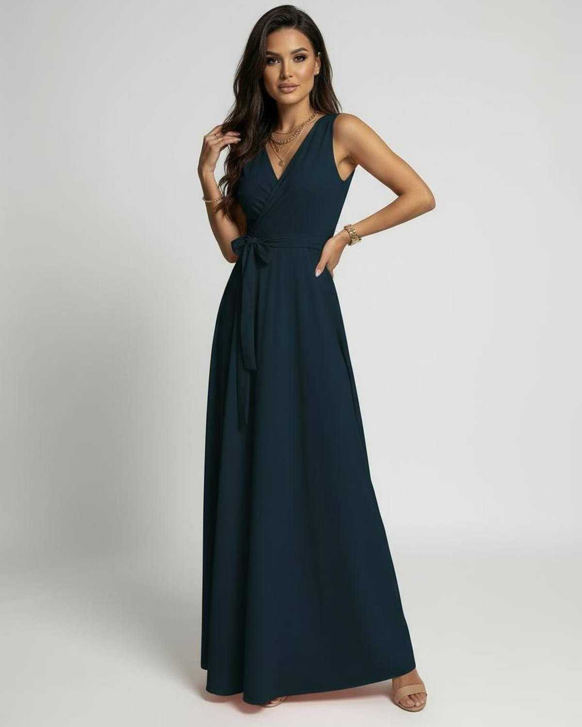 Inna Maxi Dress, Navy Ankle-Length Dress, 100% Polyester Satin, V Neck, sophisticated style by RAMBLION.