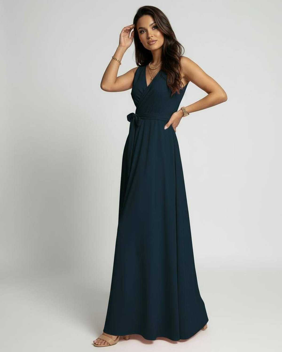 Inna Maxi Dress in deep navy, V-neck design, flowing satin for elegance, perfect for formal events, by RAMBLION.