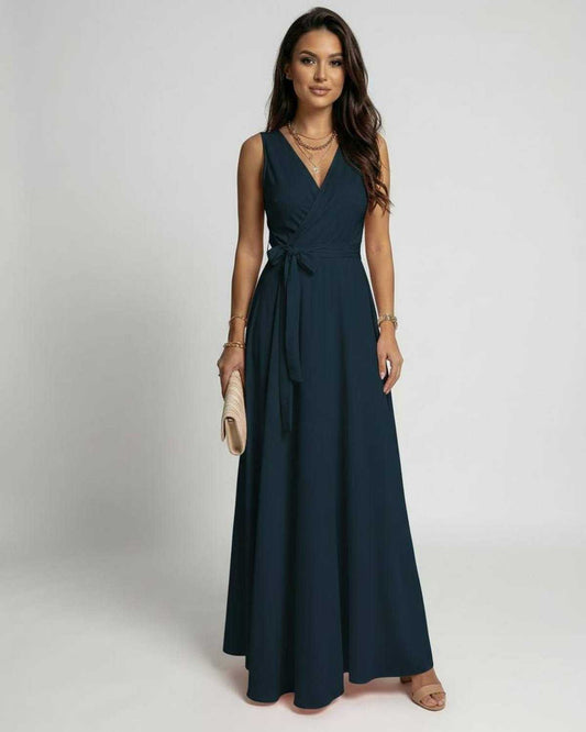 Inna Maxi Dress, navy ankle-length satin dress, V-neck, elegant and sophisticated for special occasions, by RAMBLION.