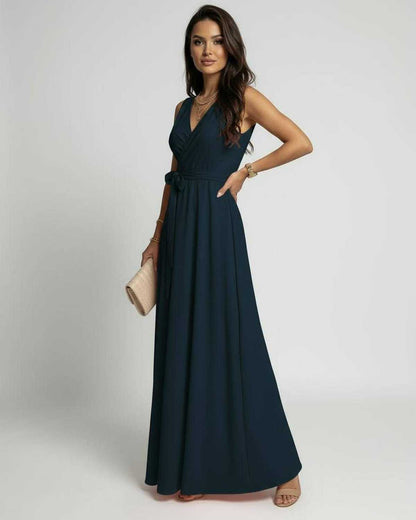 Inna Maxi Dress in deep navy, ankle-length satin, V-neck design, stylish and comfortable for elegant occasions by RAMBLION.