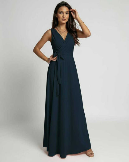 Inna Maxi Dress in deep navy, ankle-length, V-neck design, crafted from soft polyester, perfect for elegant occasions, by RAMBLION.