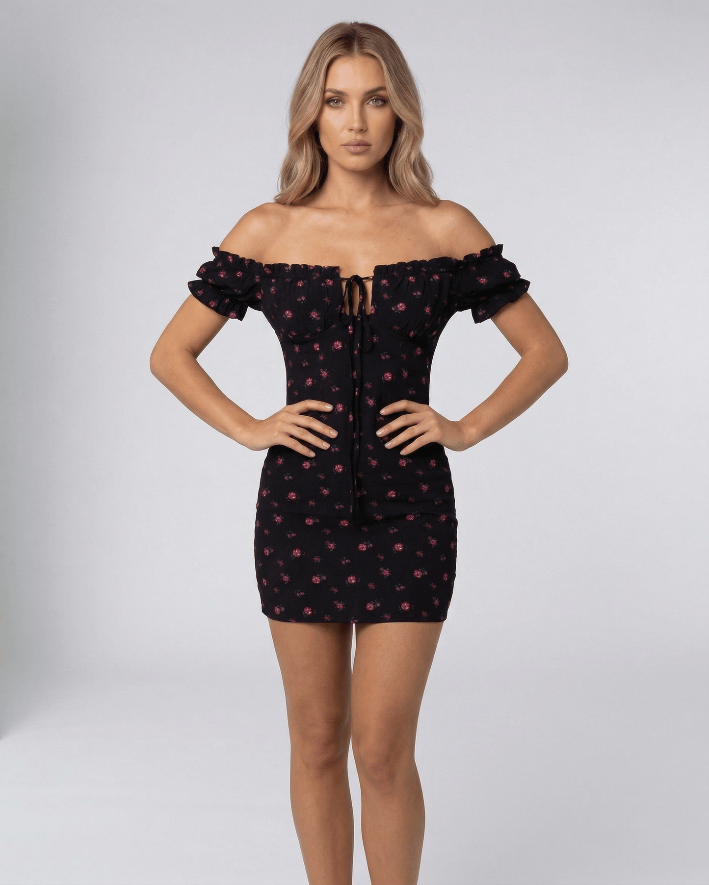 Inna Mini Dress by RAMBLION, black velvet, floral details, off shoulder, stylish evening wear.