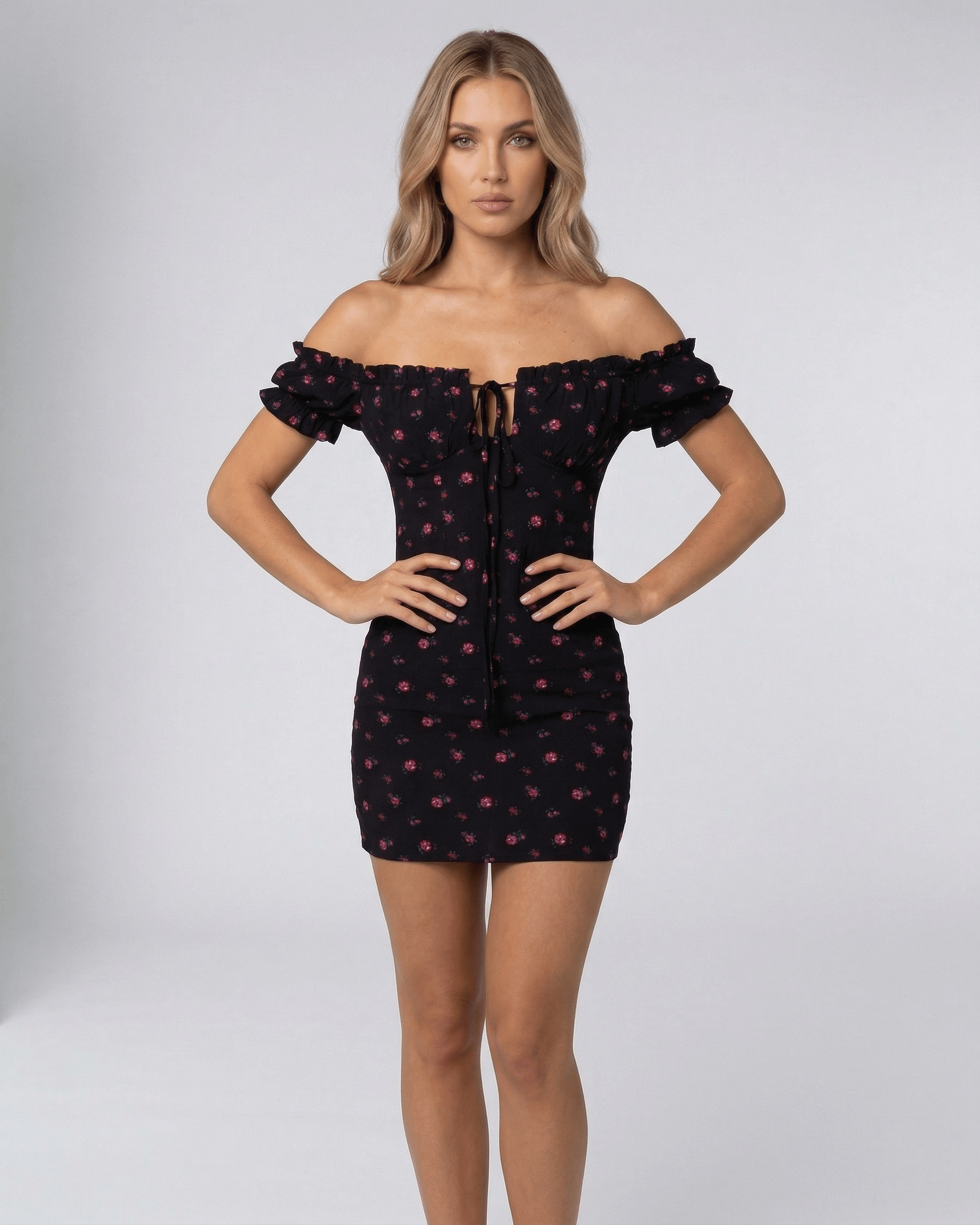 Inna Mini Dress by RAMBLION, black velvet, floral details, off shoulder, stylish evening wear.