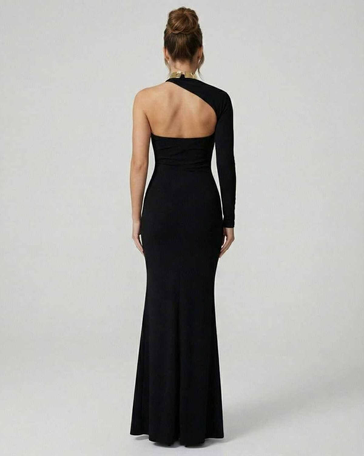 Iridescent Maxi Dress by RAMBLION, black ankle-length, one shoulder, luxurious fabric, elegant fit for special occasions.