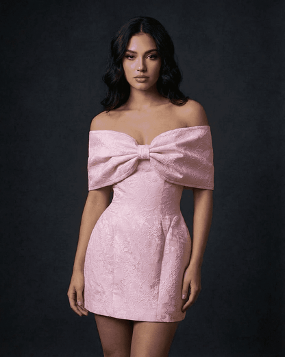 Iridescent Mini Dress by RAMBLION in pink, featuring an elegant A-line silhouette and a playful wrap design for special occasions.