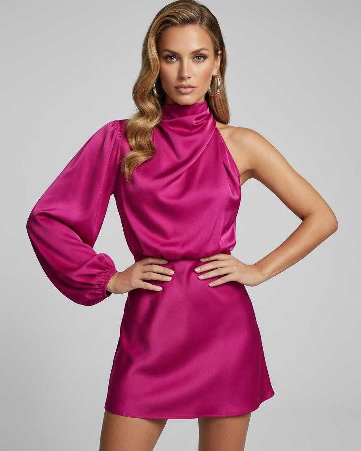 Iris Mini Dress by RAMBLION, red satin one-shoulder, modern style, perfect for making a statement.