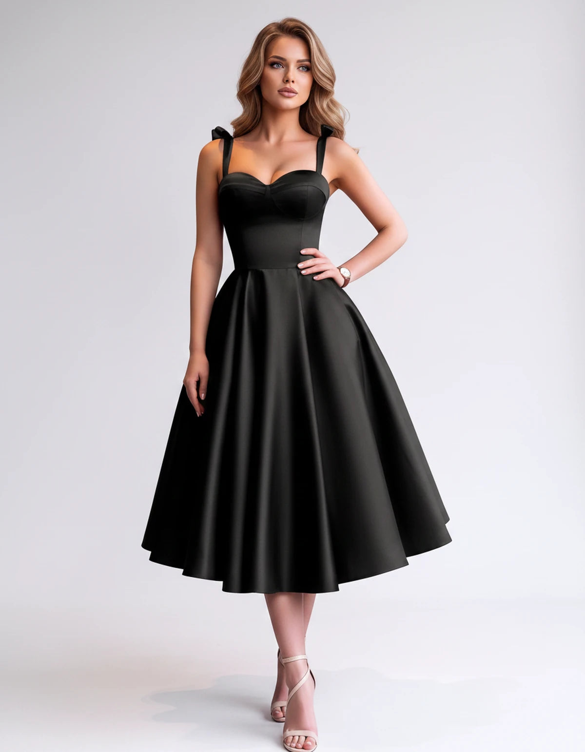 Isabeau Midi Dresses — Black | SKU: RB-d56593-black-2,RB-d56593-black-4,RB-d56593-black-6,RB-d56593-black-8,RB-d56593-black-10,RB-d56593-black-12,RB-d56593-black-14,RB-d56593-black-14W,RB-d56593-black-16,RB-d56593-black-16W,RB-d56593-black-18W,RB-d56593-black-20W