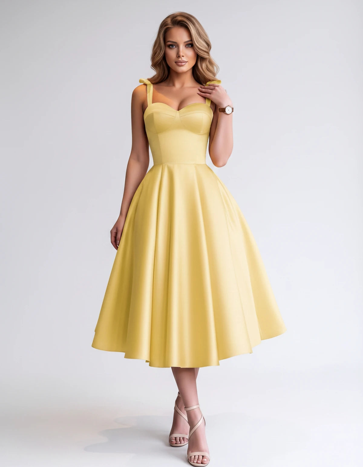 Isabeau Midi Dresses — Yellow | SKU: RB-d56593-yellow-2,RB-d56593-yellow-4,RB-d56593-yellow-6,RB-d56593-yellow-8,RB-d56593-yellow-10,RB-d56593-yellow-12,RB-d56593-yellow-14,RB-d56593-yellow-14W,RB-d56593-yellow-16,RB-d56593-yellow-16W,RB-d56593-yellow-18W,RB-d56593-yellow-20W
