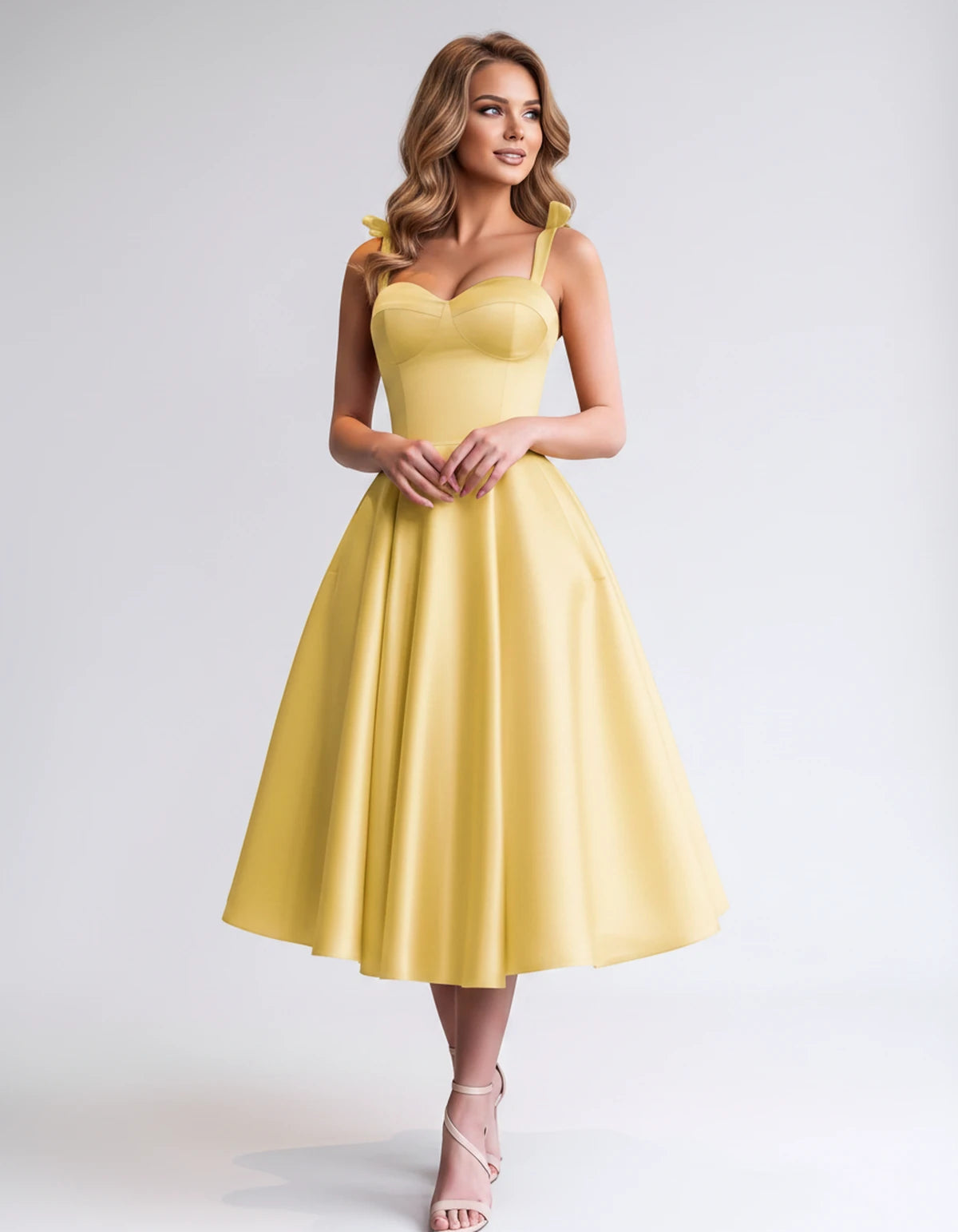 Isabeau Midi Dresses — Yellow | SKU: RB-d56593-yellow-2,RB-d56593-yellow-4,RB-d56593-yellow-6,RB-d56593-yellow-8,RB-d56593-yellow-10,RB-d56593-yellow-12,RB-d56593-yellow-14,RB-d56593-yellow-14W,RB-d56593-yellow-16,RB-d56593-yellow-16W,RB-d56593-yellow-18W,RB-d56593-yellow-20W