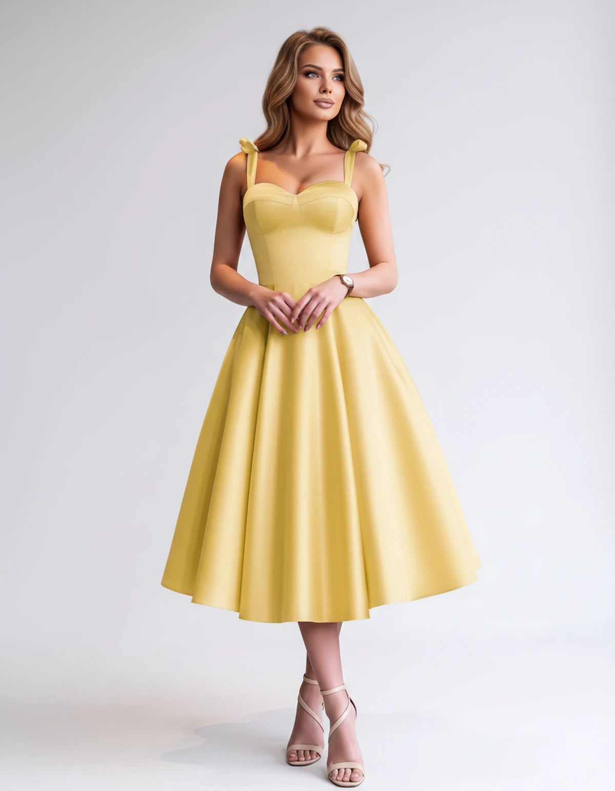 Isabeau Midi Dresses — Yellow | SKU: RB-d56593-yellow-2,RB-d56593-yellow-4,RB-d56593-yellow-6,RB-d56593-yellow-8,RB-d56593-yellow-10,RB-d56593-yellow-12,RB-d56593-yellow-14,RB-d56593-yellow-14W,RB-d56593-yellow-16,RB-d56593-yellow-16W,RB-d56593-yellow-18W,RB-d56593-yellow-20W