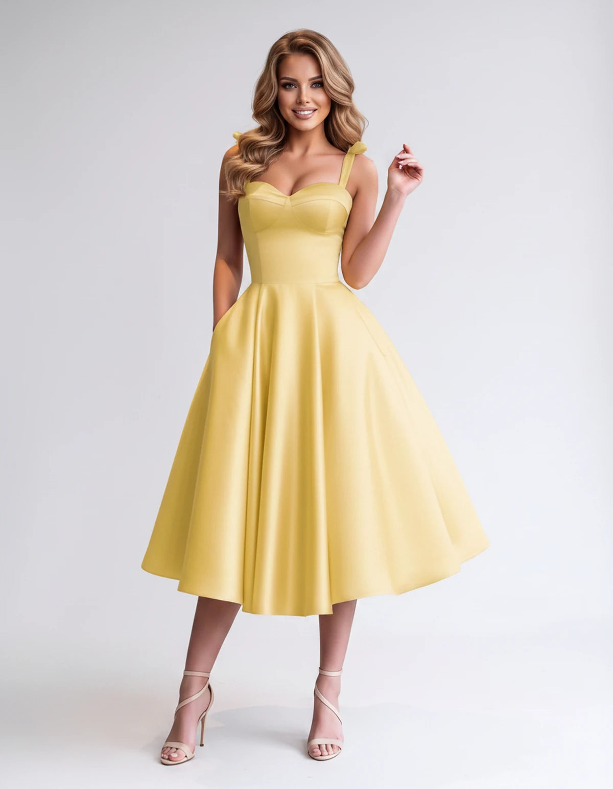 Isabeau Midi Dresses — Yellow | SKU: RB-d56593-yellow-2,RB-d56593-yellow-4,RB-d56593-yellow-6,RB-d56593-yellow-8,RB-d56593-yellow-10,RB-d56593-yellow-12,RB-d56593-yellow-14,RB-d56593-yellow-14W,RB-d56593-yellow-16,RB-d56593-yellow-16W,RB-d56593-yellow-18W,RB-d56593-yellow-20W