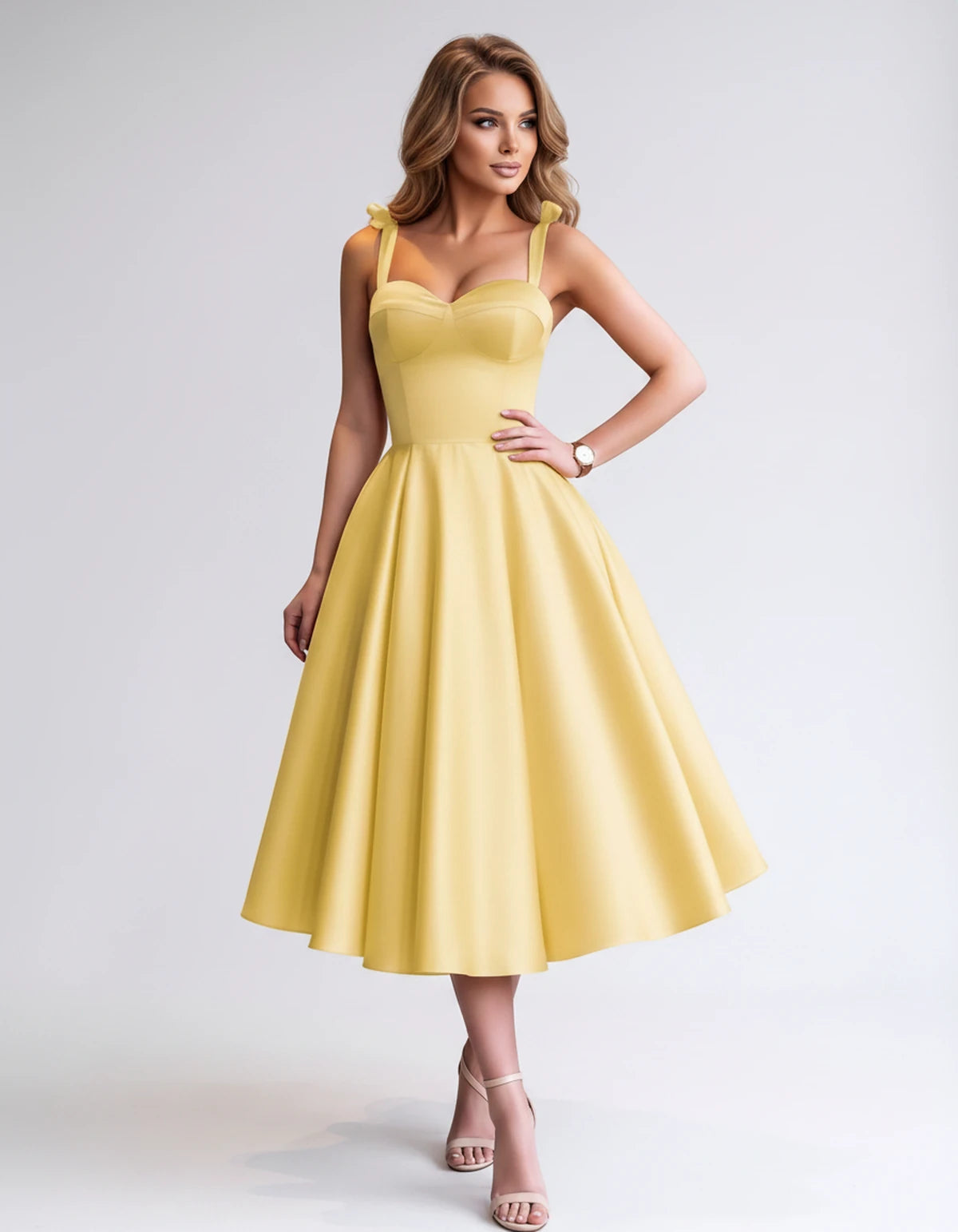 Isabeau Midi Dresses — Yellow | SKU: RB-d56593-yellow-2,RB-d56593-yellow-4,RB-d56593-yellow-6,RB-d56593-yellow-8,RB-d56593-yellow-10,RB-d56593-yellow-12,RB-d56593-yellow-14,RB-d56593-yellow-14W,RB-d56593-yellow-16,RB-d56593-yellow-16W,RB-d56593-yellow-18W,RB-d56593-yellow-20W