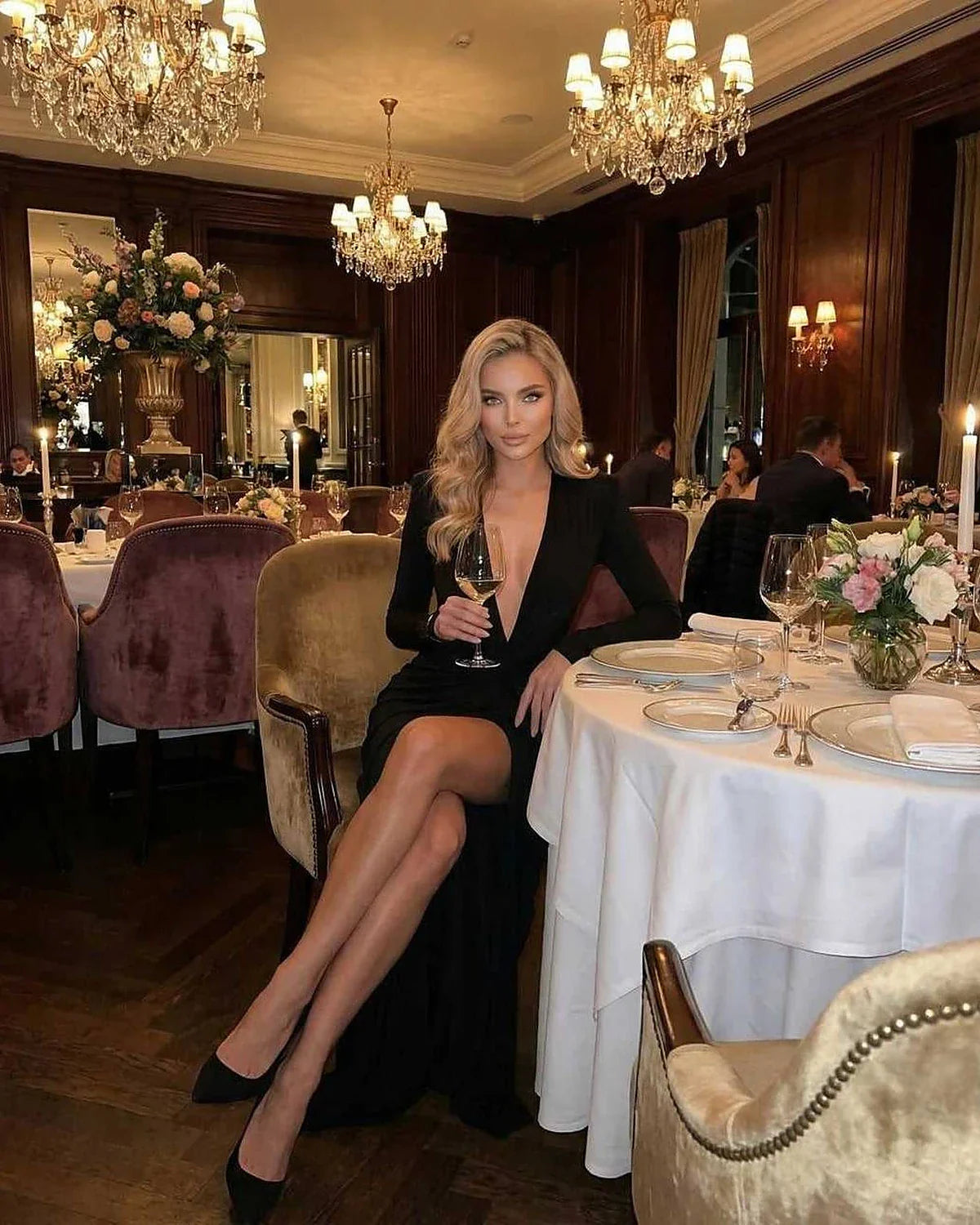 Black Satin Slip V-Neck Long Sleeve Maxi Dress | Gala Nights & Cocktail Hour, lifestyle shot | Ramblion | SKU: CMD-597483920-black-L-8135,CMD-597483920-black-M-8333,CMD-597483920-black-S-7957,CMD-597483920-black-XL-2474,CMD-597483920-black-XS-3894