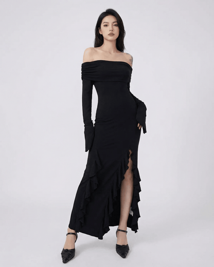 Isis Maxi Dress by RAMBLION, black off-shoulder, asymmetrical ruffles, elegant ankle-length, stylish for special occasions.