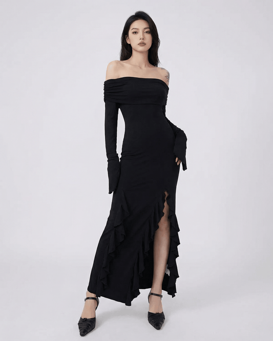 Isis Maxi Dress by RAMBLION, black off-shoulder, asymmetrical ruffles, elegant ankle-length, stylish for special occasions.