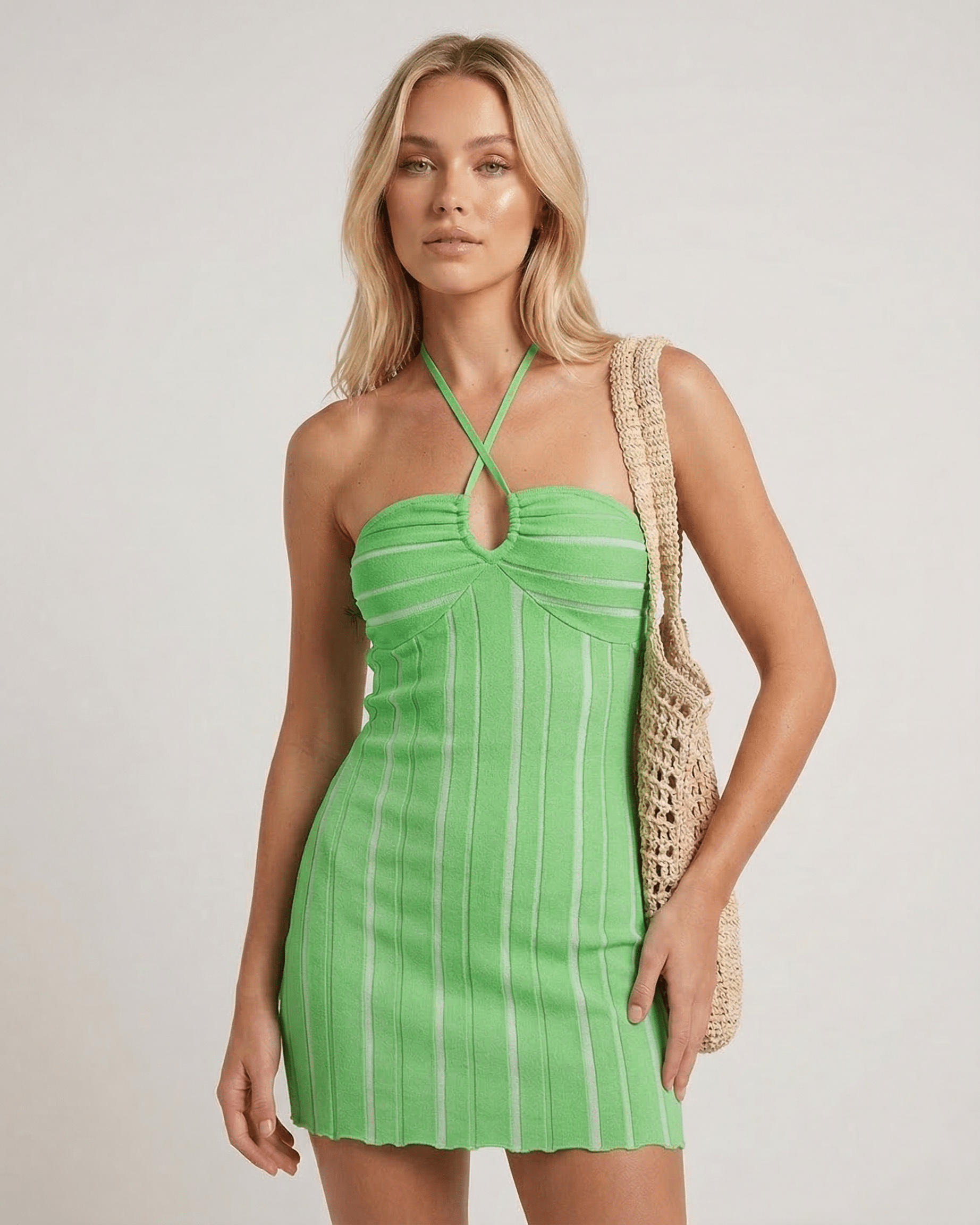 Isis Mini Dress by RAMBLION, vibrant green, 100% cotton, halter design, perfect for stylish summer occasions.