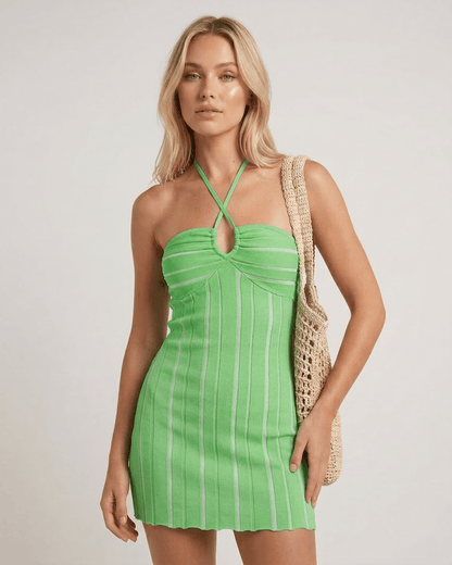 Isis Mini Dress by RAMBLION, vibrant green, 100% cotton, halter design, perfect for stylish summer occasions.