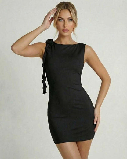 Isit Mini Dress - Black, 100% Polyester, round neck, elegant design, perfect for sophisticated occasions by RAMBLION.