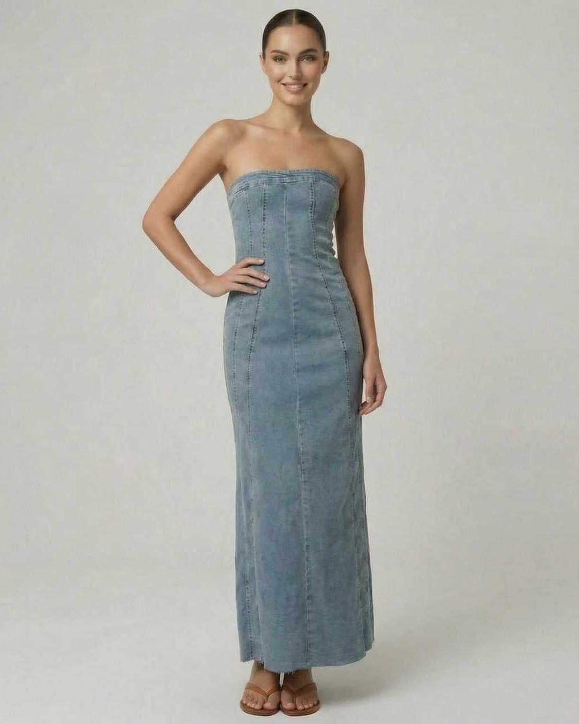 Isix Midi Dress in blue, strapless, structured for casual and formal occasions, by RAMBLION.