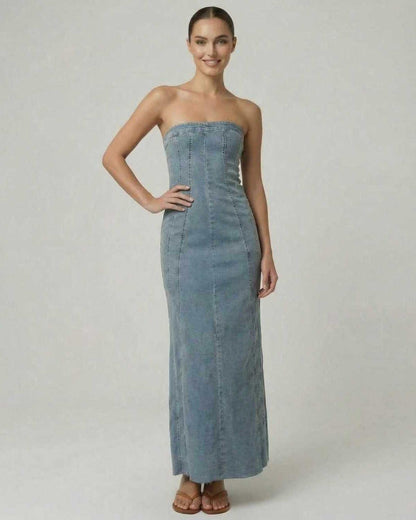 Isix Midi Dress in blue, strapless, structured for casual and formal occasions, by RAMBLION.