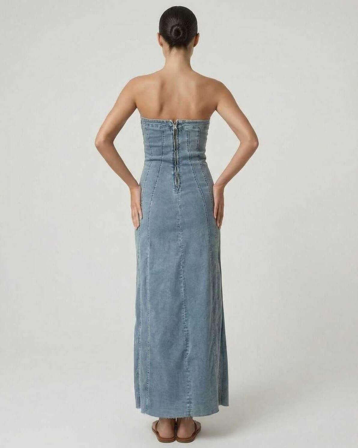 Isix Midi Dress back view, strapless, blue color, perfect for casual and formal occasions, by RAMBLION.